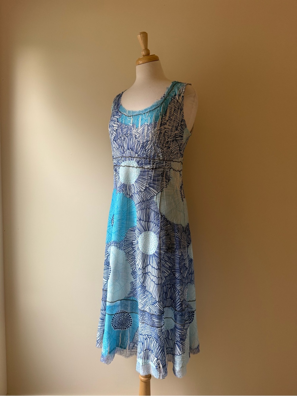 Komarov Blue Aqua Abstract Crinkle Midi Dress Artsy Boho Y2K